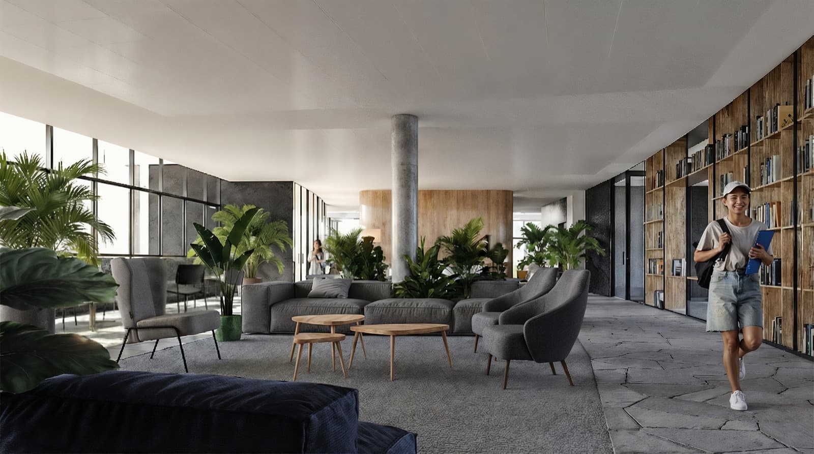 Common lounge with sofas, plants and bookshelves — architectural rendering