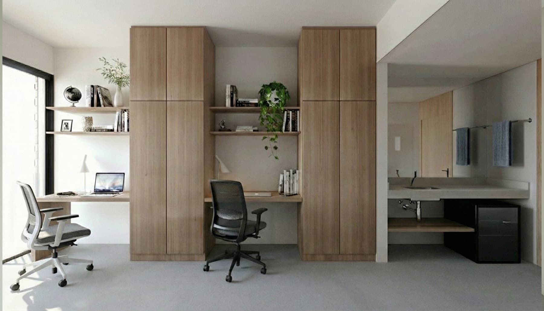Shared residence room with two study desks — architectural rendering
