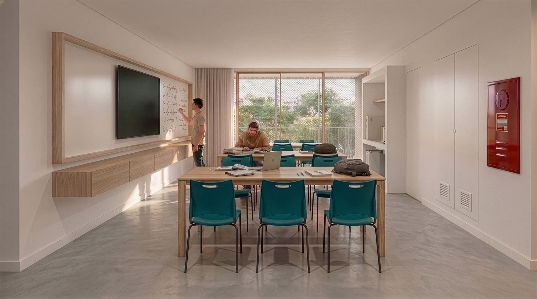 Residence study room with a shared table and whiteboard — architectural rendering